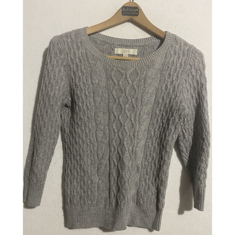 LOFT Gray Sweater Wool Blend Open Knit Ballet Neck Long Sleeve Womens XS